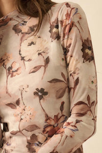 Watercolor Garden Floral Mesh Mock-Neck Midi Dress - ShopPromesa