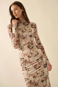 Watercolor Garden Floral Mesh Mock-Neck Midi Dress - ShopPromesa