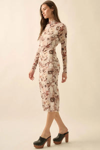 Watercolor Garden Floral Mesh Mock-Neck Midi Dress - ShopPromesa