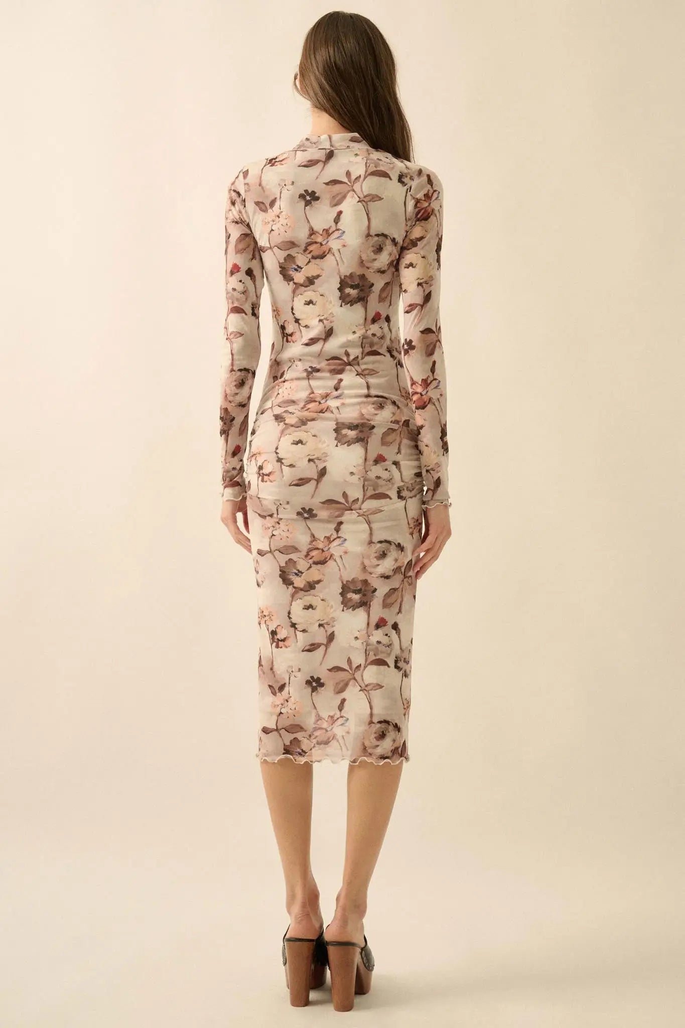 Watercolor Garden Floral Mesh Mock-Neck Midi Dress - ShopPromesa