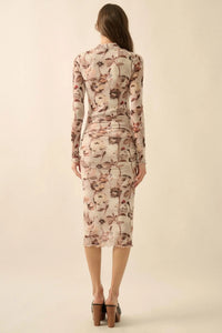 Watercolor Garden Floral Mesh Mock-Neck Midi Dress - ShopPromesa