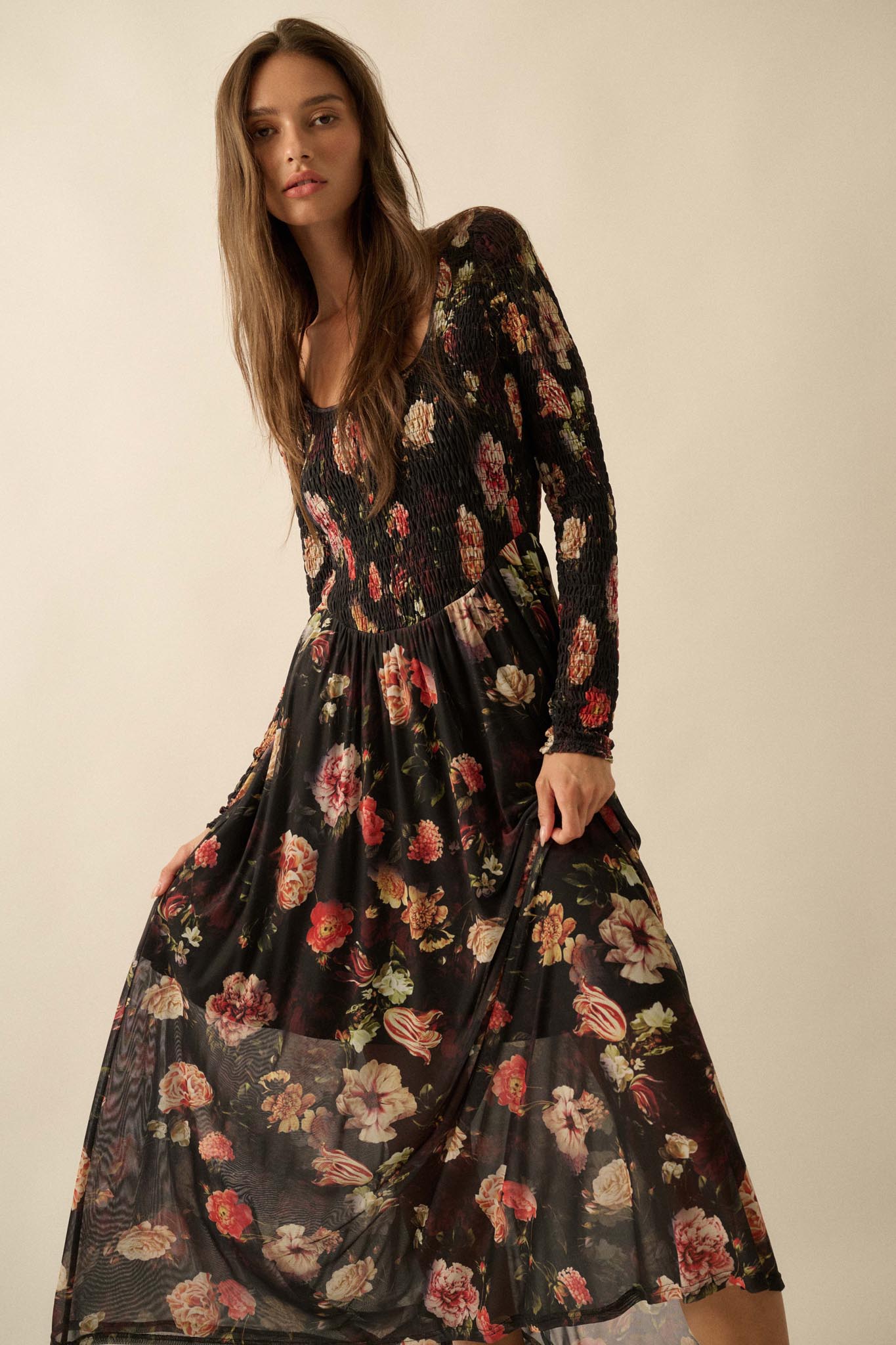 Antique Garden Floral Mesh Smocked Midi Dress - ShopPromesa