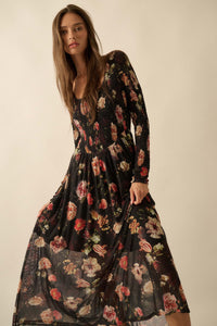 Antique Garden Floral Mesh Smocked Midi Dress - ShopPromesa