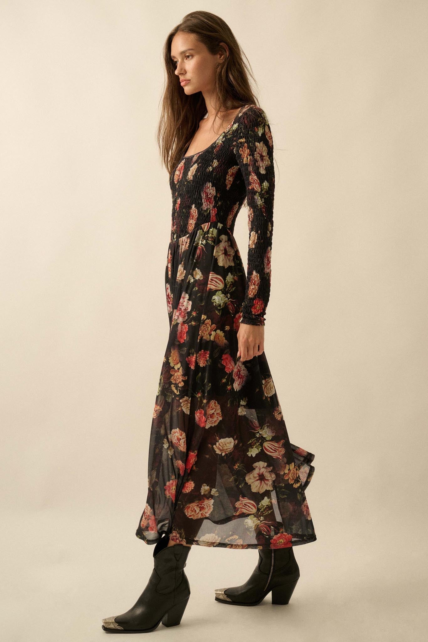 Antique Garden Floral Mesh Smocked Midi Dress - ShopPromesa