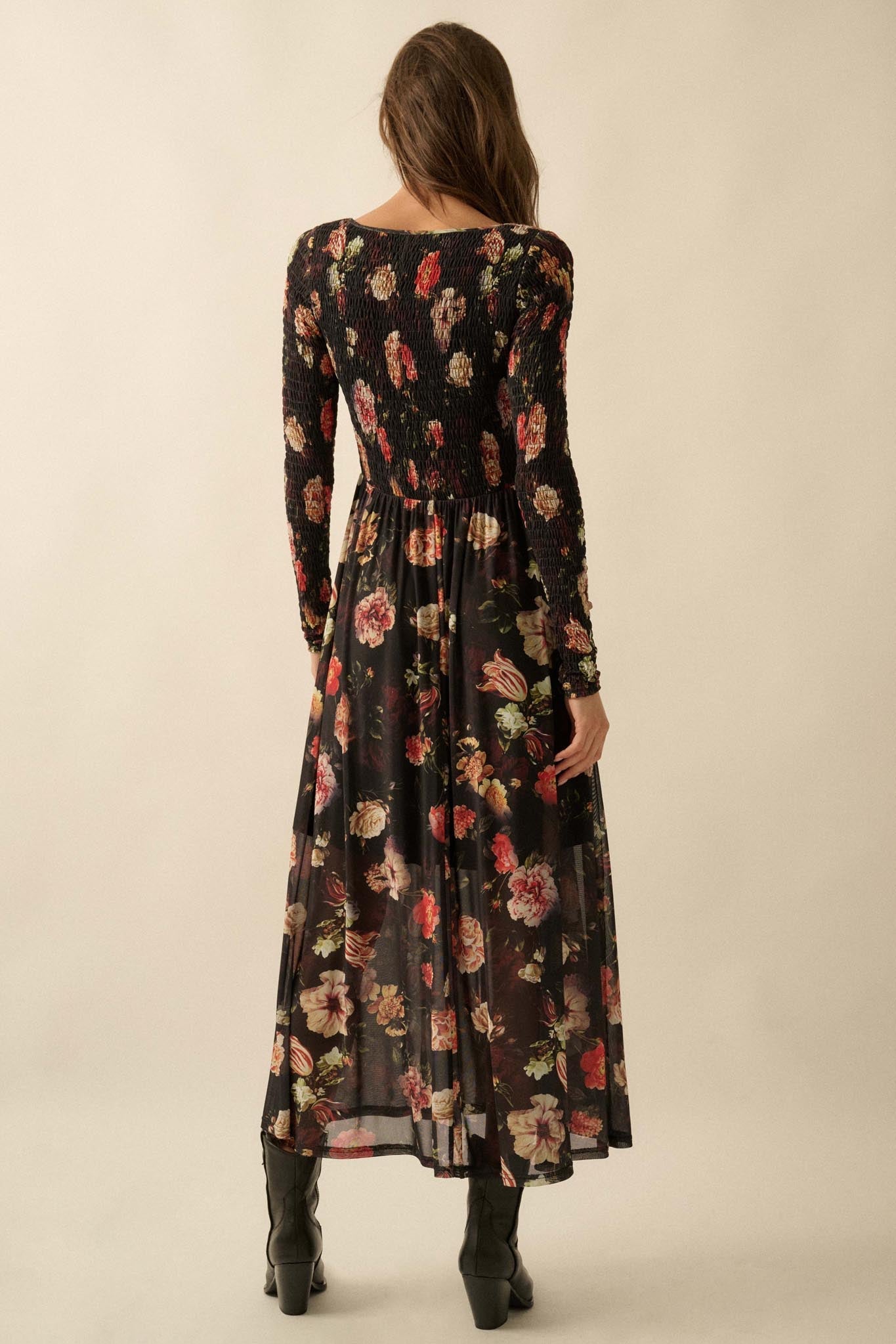 Antique Garden Floral Mesh Smocked Midi Dress Black / L Antique Garden Floral Mesh Smocked Midi Dress Black / L
