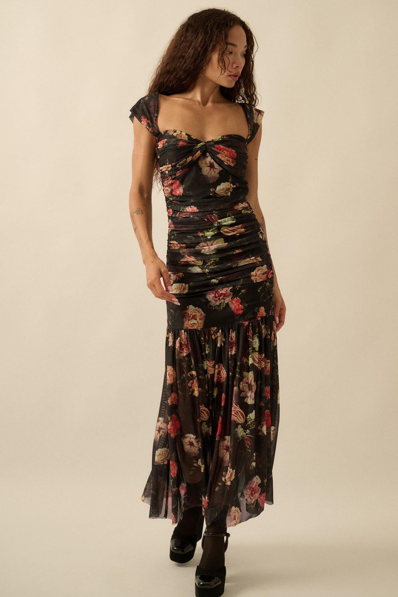 mesh ruched dress Nostalgic Beauty Floral Mesh Ruched Maxi Dress, Black / L