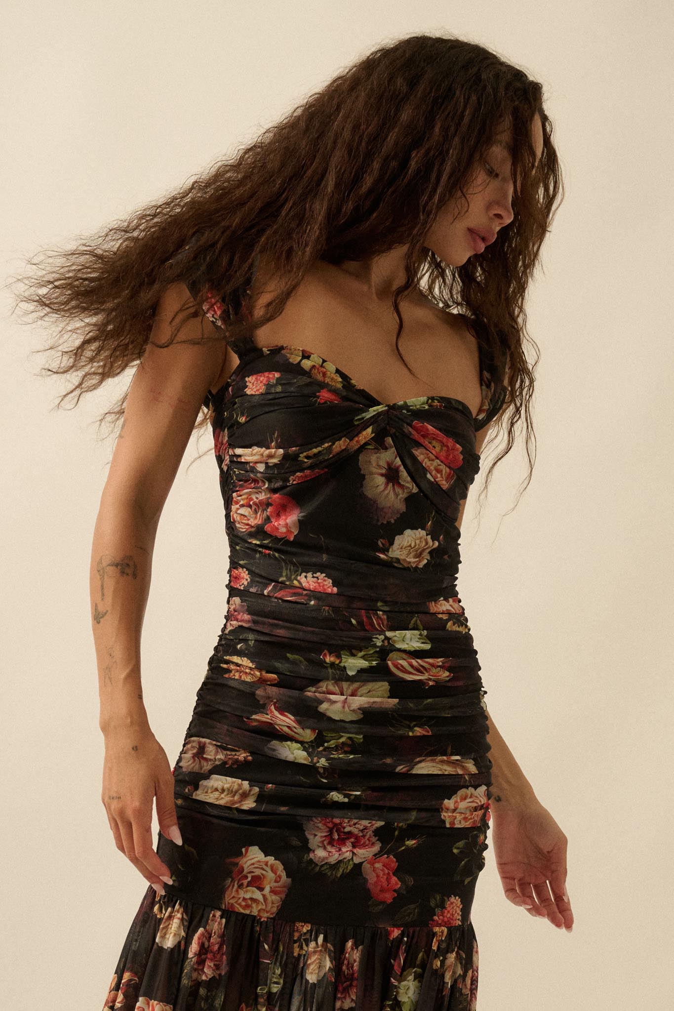 Nostalgic Beauty Floral Mesh Ruched Maxi Dress - ShopPromesa