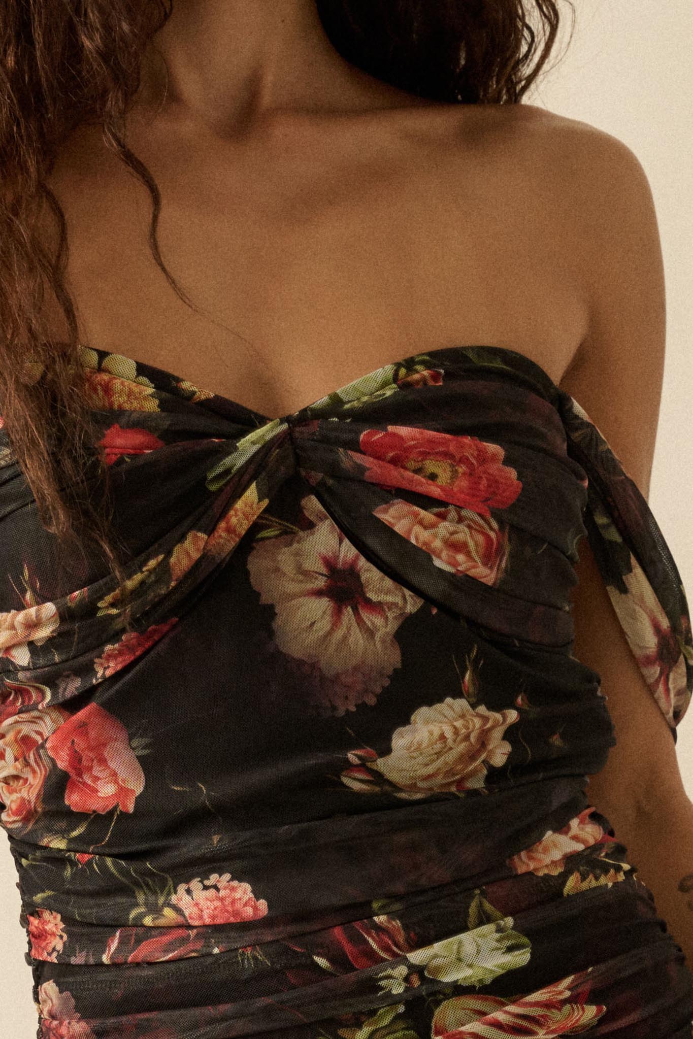 Nostalgic Beauty Floral Mesh Ruched Maxi Dress - ShopPromesa