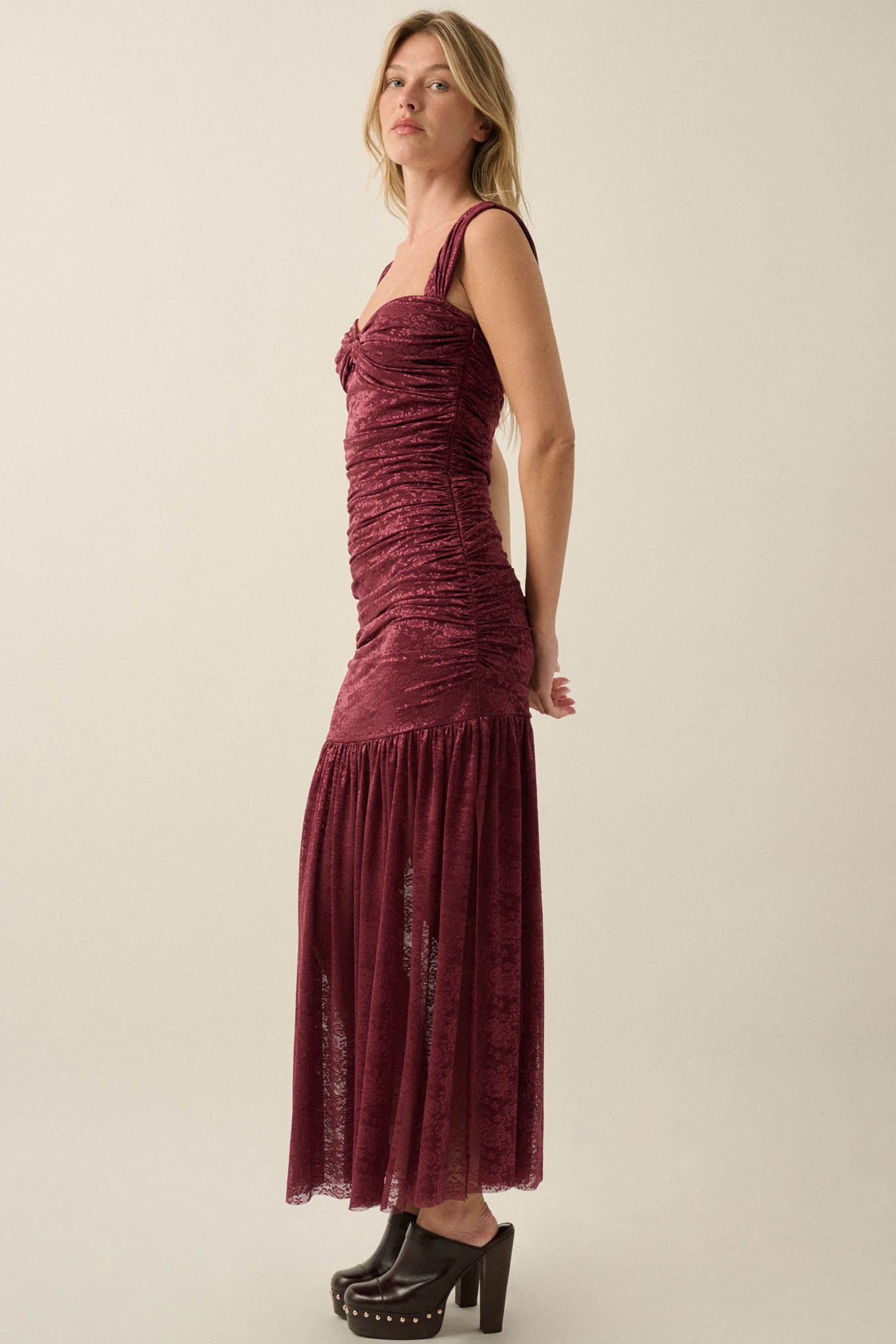Siren Song Floral Lace Ruched Drop-Waist Maxi Dress - ShopPromesa