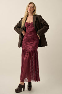 Siren Song Floral Lace Ruched Drop-Waist Maxi Dress - ShopPromesa