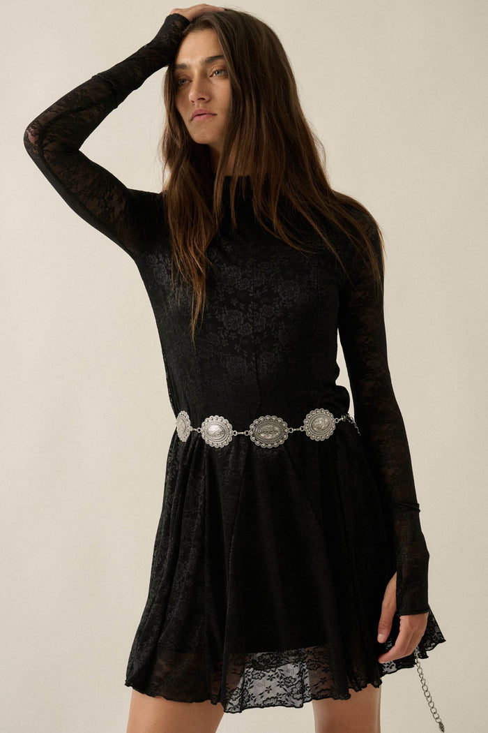 Spellbound Floral Lace Long-Sleeve Flare Mini Dress - ShopPromesa