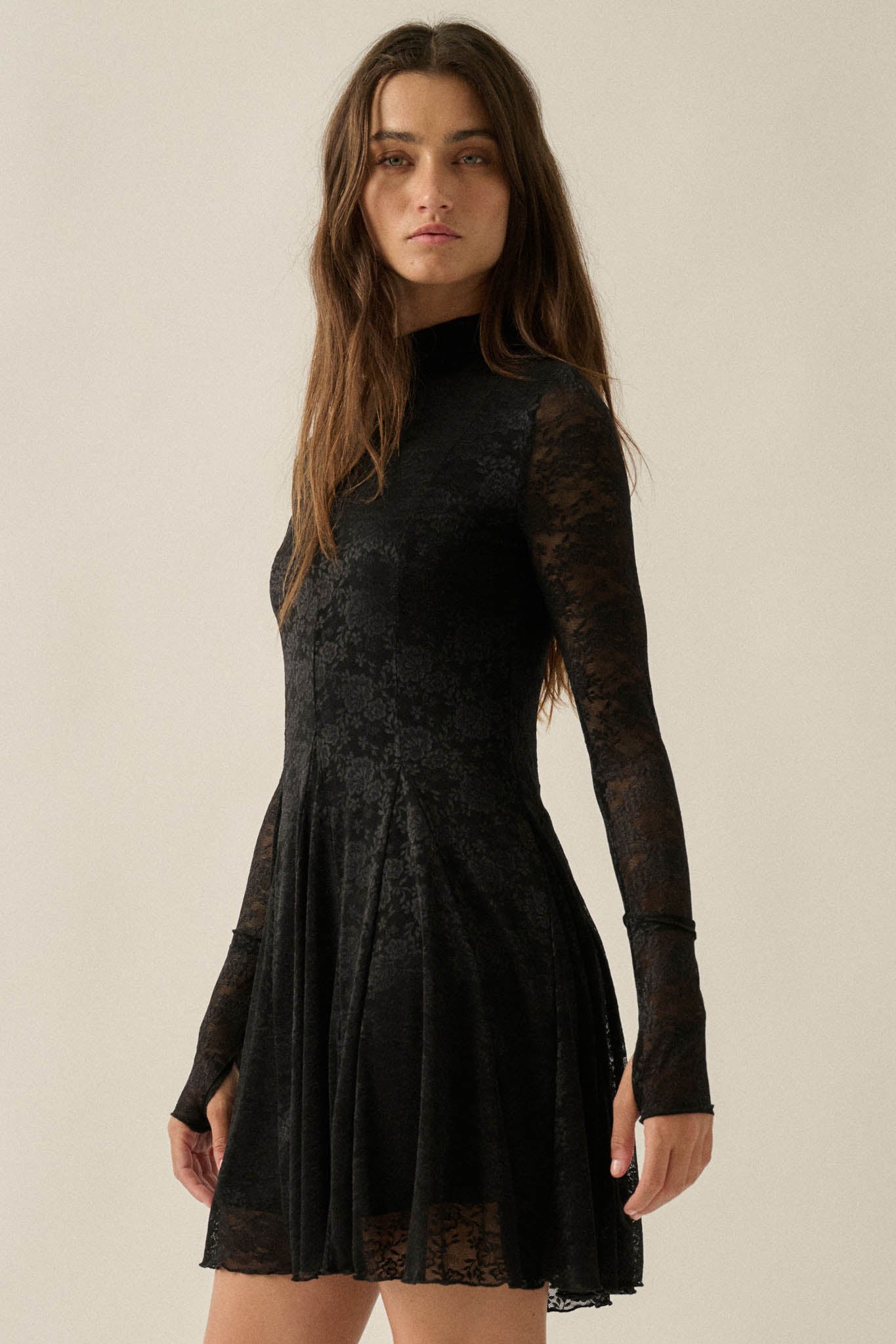 Spellbound Floral Lace Long-Sleeve Flare Mini Dress - ShopPromesa