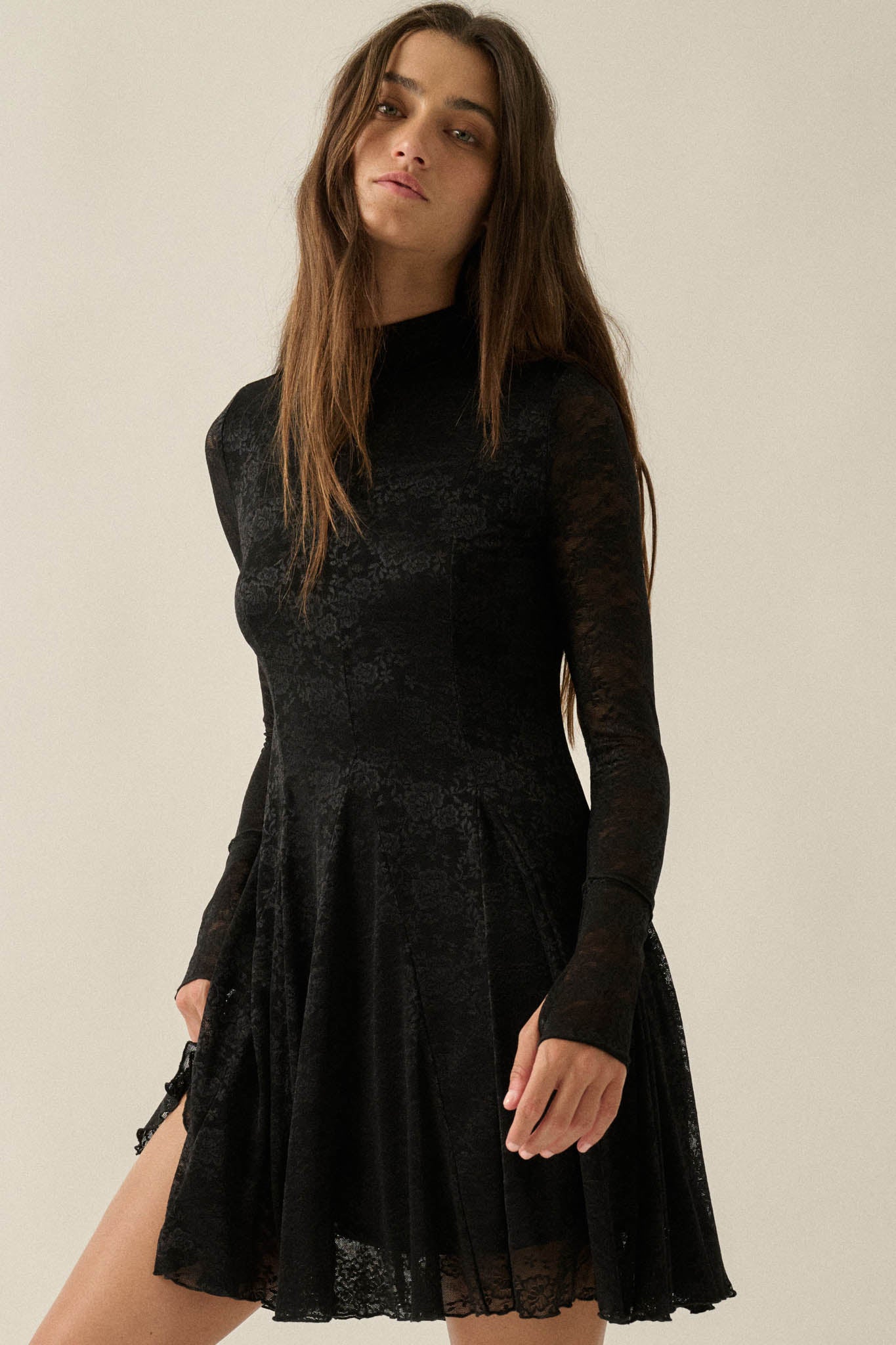 Spellbound Floral Lace Long-Sleeve Flare Mini Dress - ShopPromesa