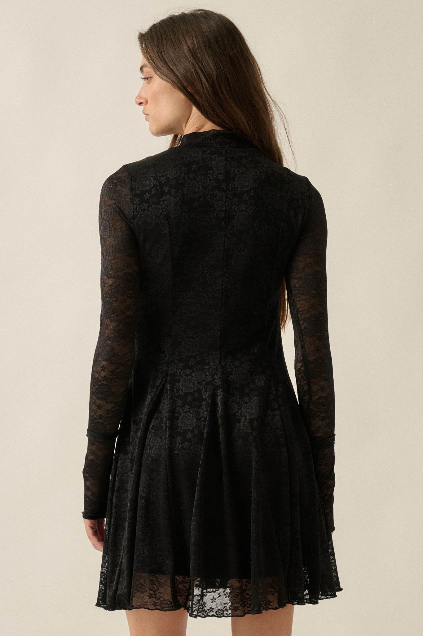 Spellbound Floral Lace Long-Sleeve Flare Mini Dress - ShopPromesa