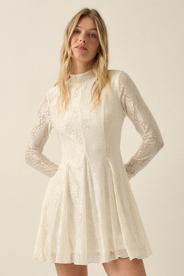 Spellbound Floral Lace Long-Sleeve Flare Mini Dress - ShopPromesa