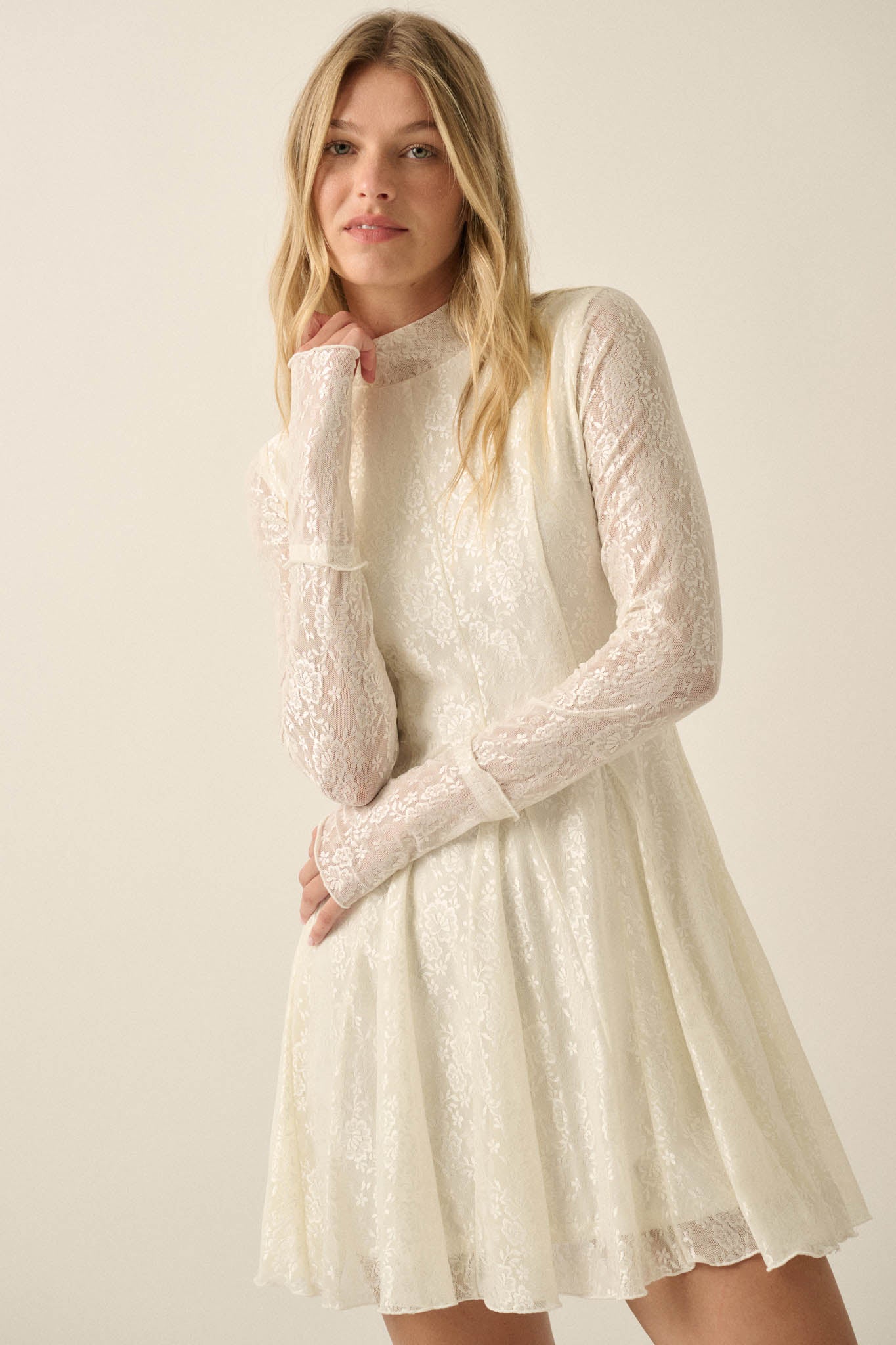 Spellbound Floral Lace Long-Sleeve Flare Mini Dress - ShopPromesa