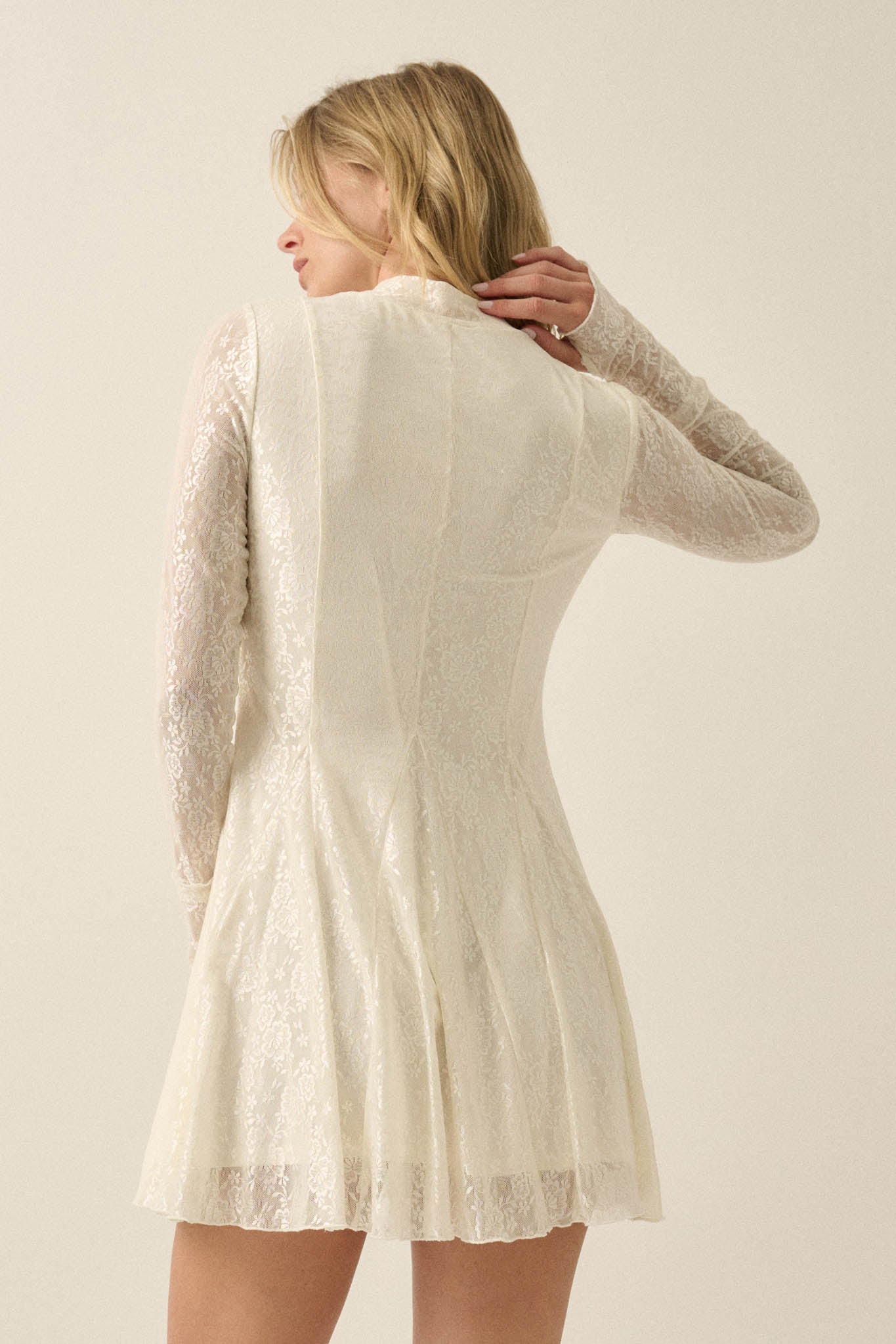 Spellbound Floral Lace Long-Sleeve Flare Mini Dress - ShopPromesa