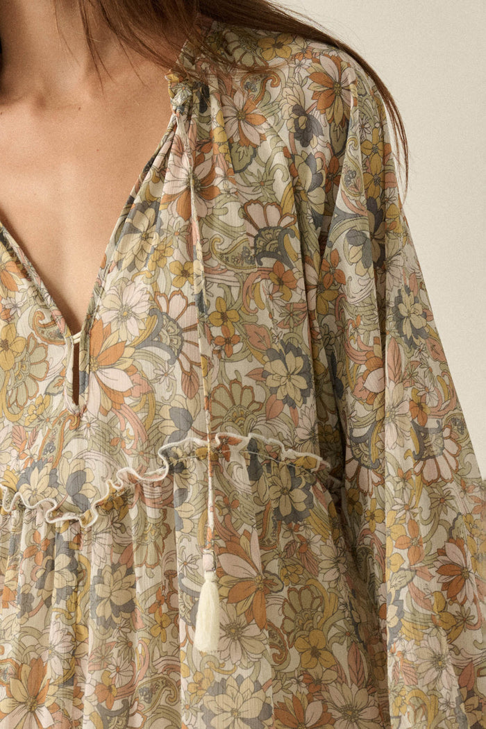 Vintage Garden Floral Chiffon Tiered Midi Prairie Dress - ShopPromesa