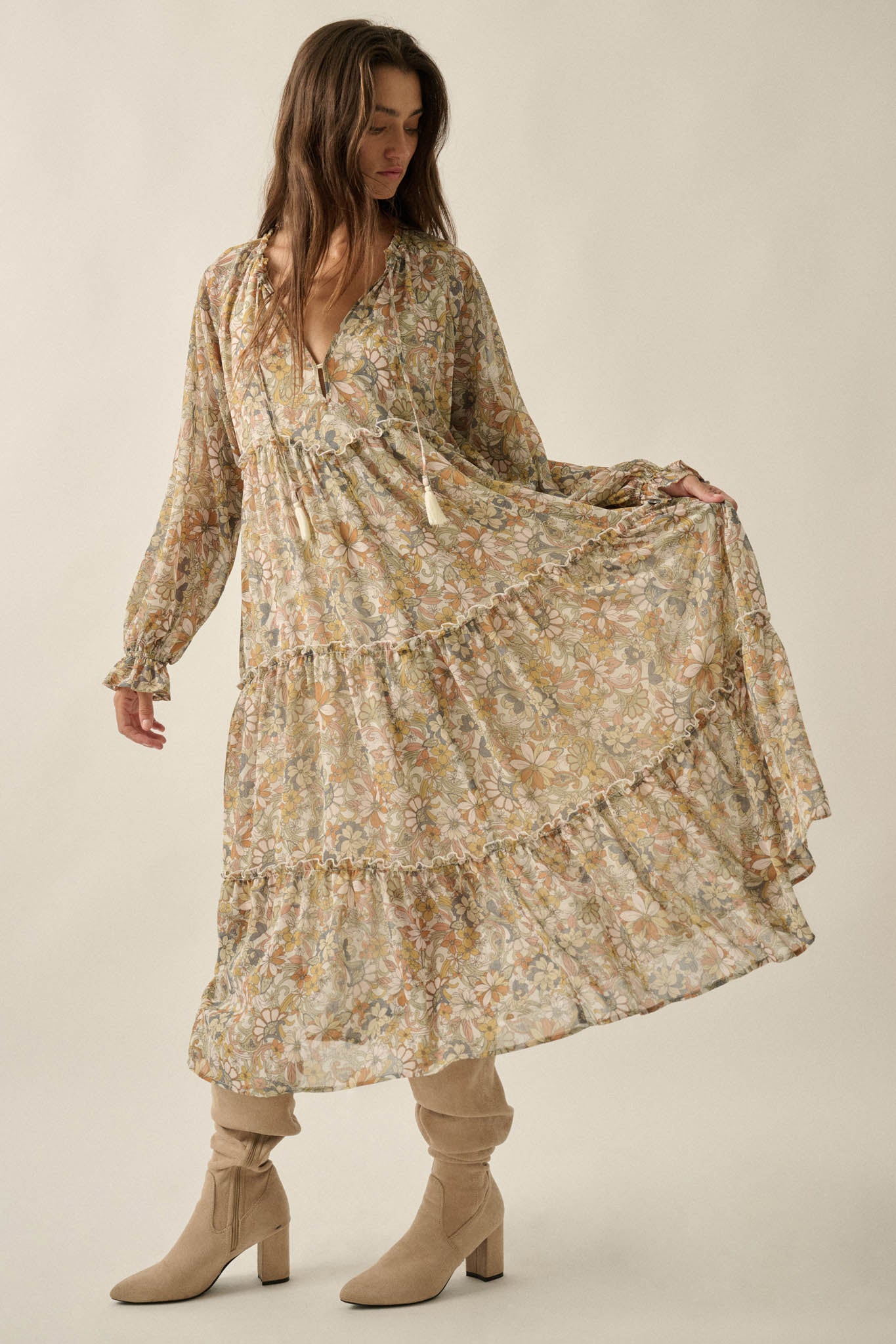 Vintage Garden Floral Chiffon Tiered Midi Prairie Dress - ShopPromesa