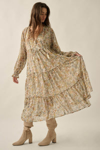 Vintage Garden Floral Chiffon Tiered Midi Prairie Dress - ShopPromesa