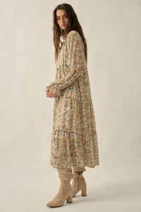 Vintage Garden Floral Chiffon Tiered Midi Prairie Dress - ShopPromesa