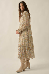 Vintage Garden Floral Chiffon Tiered Midi Prairie Dress - ShopPromesa