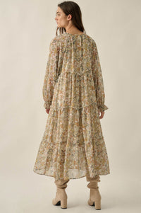 Vintage Garden Floral Chiffon Tiered Midi Prairie Dress - ShopPromesa