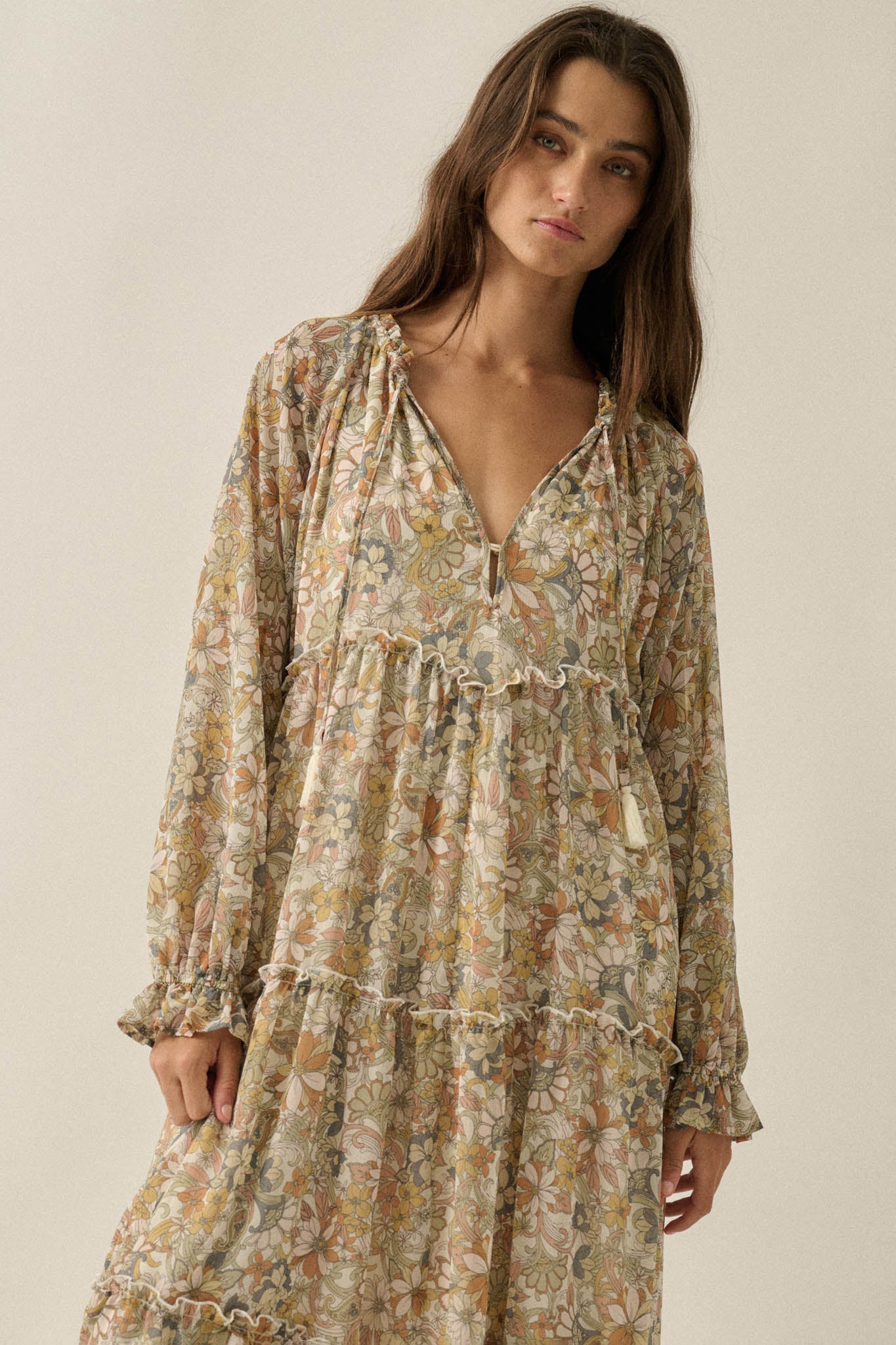Vintage Garden Floral Chiffon Tiered Midi Prairie Dress - ShopPromesa