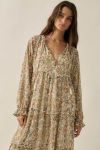Vintage Garden Floral Chiffon Tiered Midi Prairie Dress - ShopPromesa