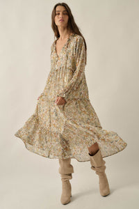 Vintage Garden Floral Chiffon Tiered Midi Prairie Dress - ShopPromesa