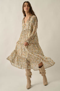 Vintage Garden Floral Chiffon Tiered Midi Prairie Dress - ShopPromesa