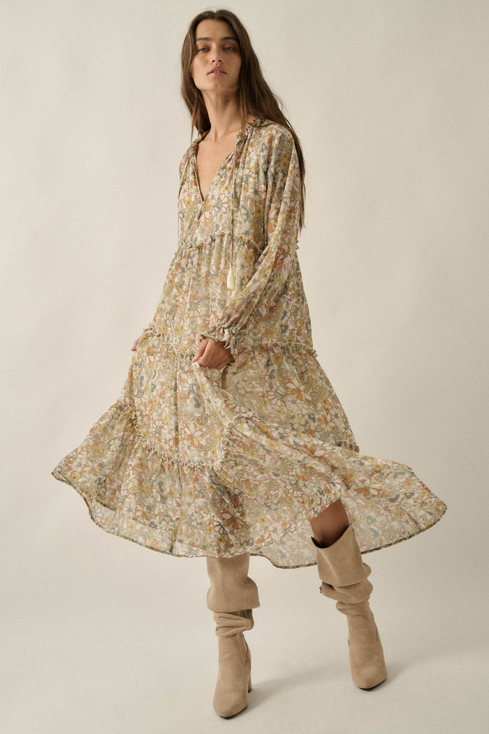Vintage Garden Floral Chiffon Tiered Midi Prairie Dress - ShopPromesa
