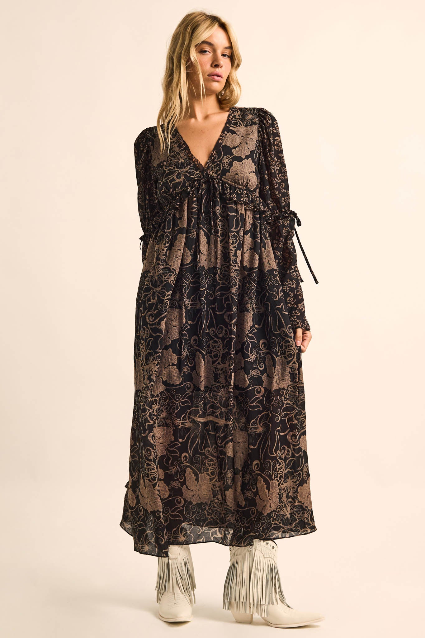 Boho Nouveau Floral Bell-Sleeve High-Waist Maxi Dress - ShopPromesa