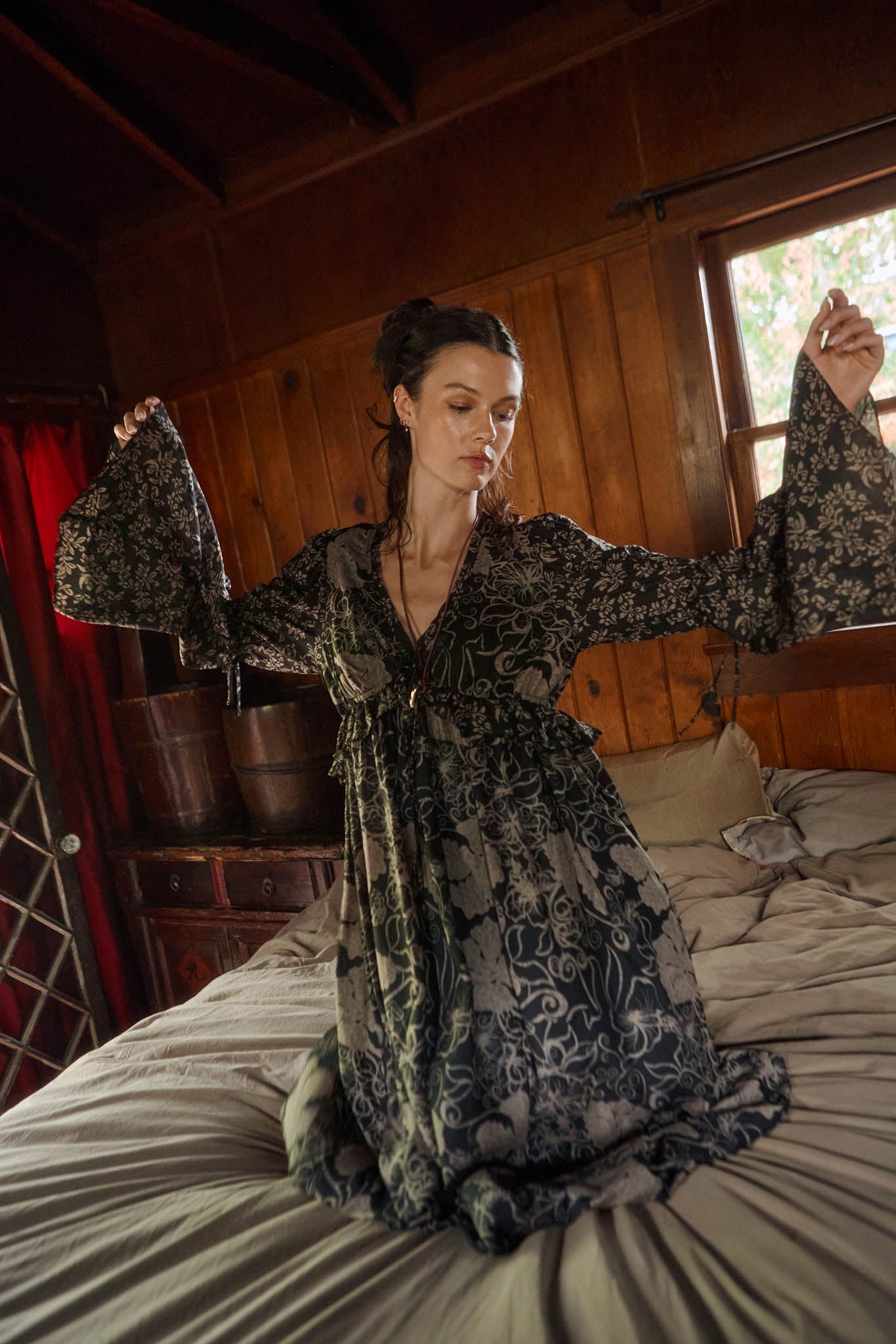 Boho Nouveau Floral Bell-Sleeve High-Waist Maxi Dress - ShopPromesa