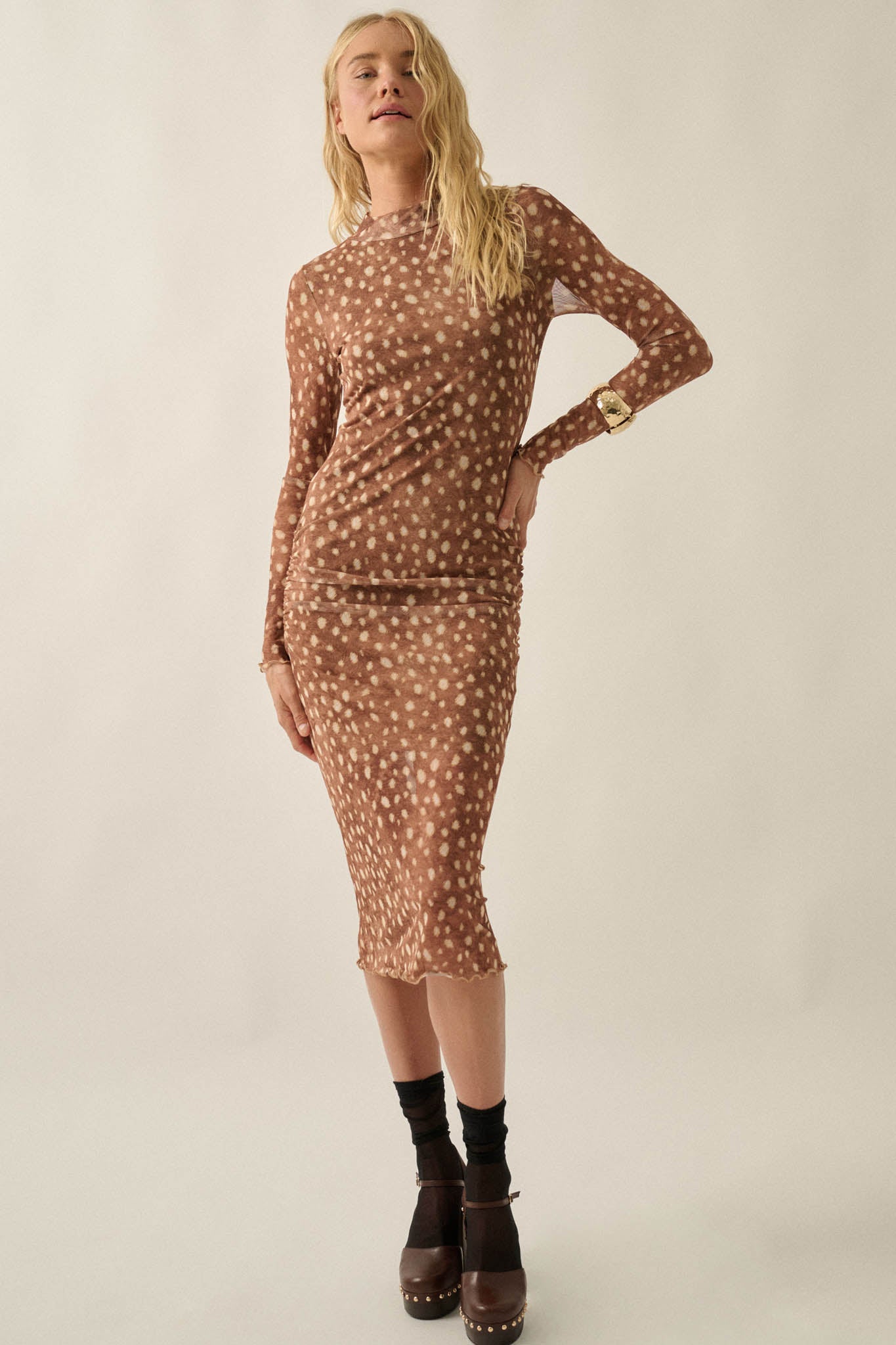 Doe Eyed Deer-Print Mesh Ruched Midi Dress - ShopPromesa