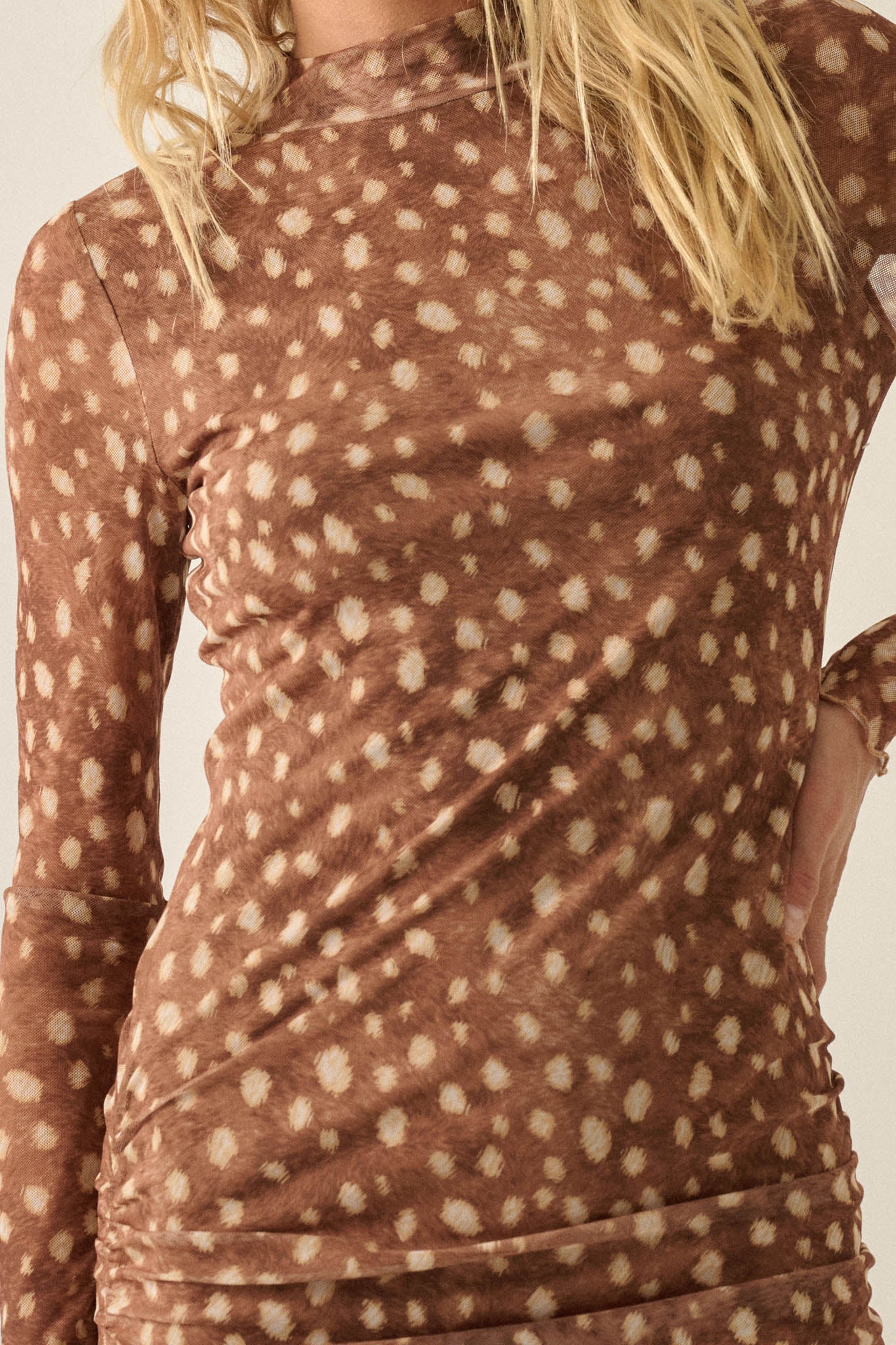 Doe Eyed Deer-Print Mesh Ruched Midi Dress - ShopPromesa
