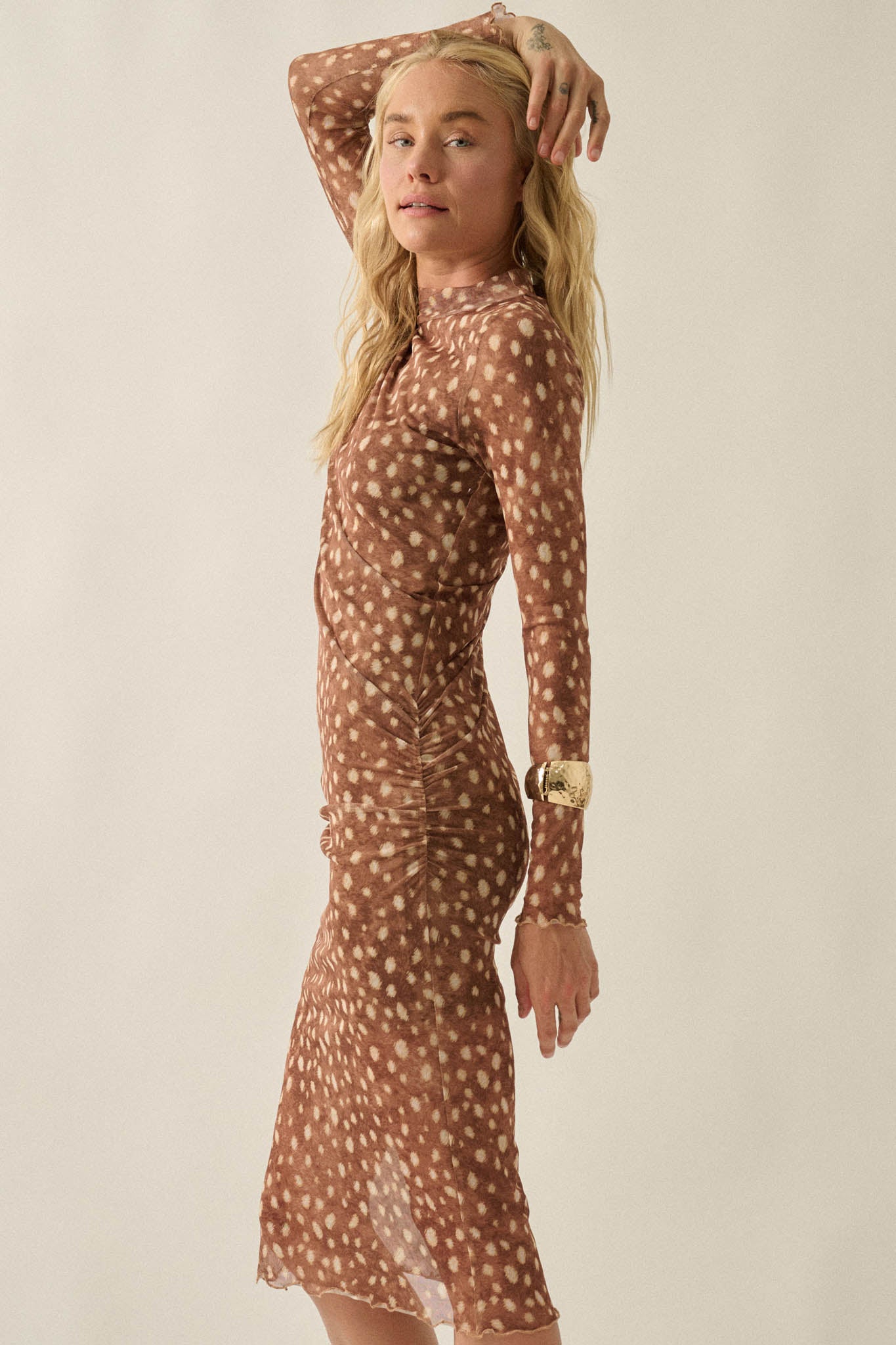 Doe Eyed Deer-Print Mesh Ruched Midi Dress - ShopPromesa