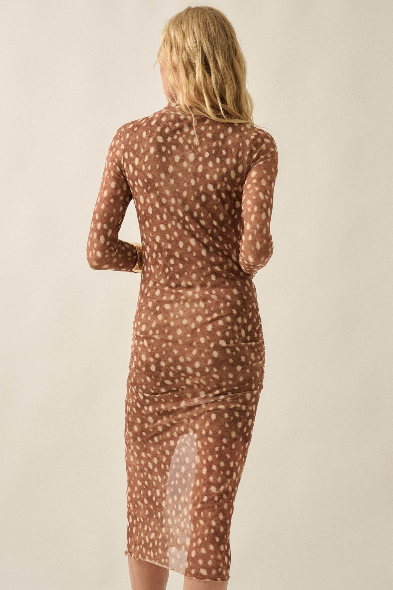 Doe Eyed Deer-Print Mesh Ruched Midi Dress - ShopPromesa