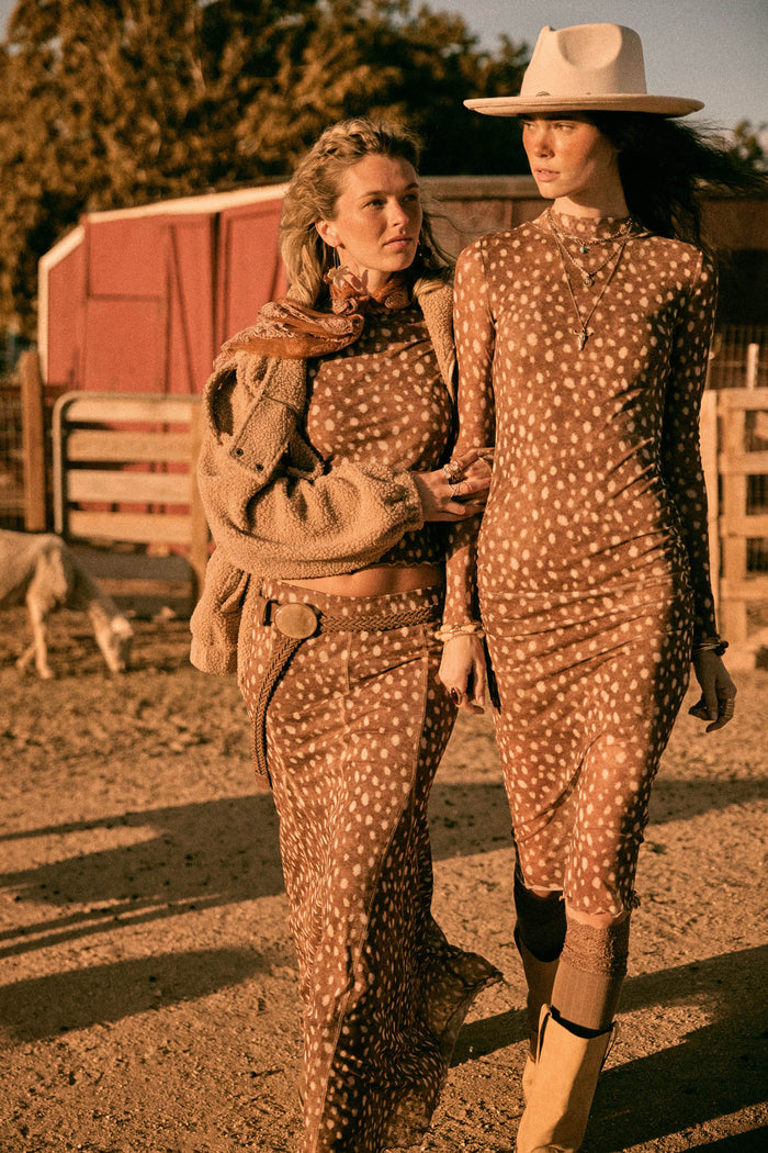 Doe Eyed Deer-Print Mesh Ruched Midi Dress - ShopPromesa