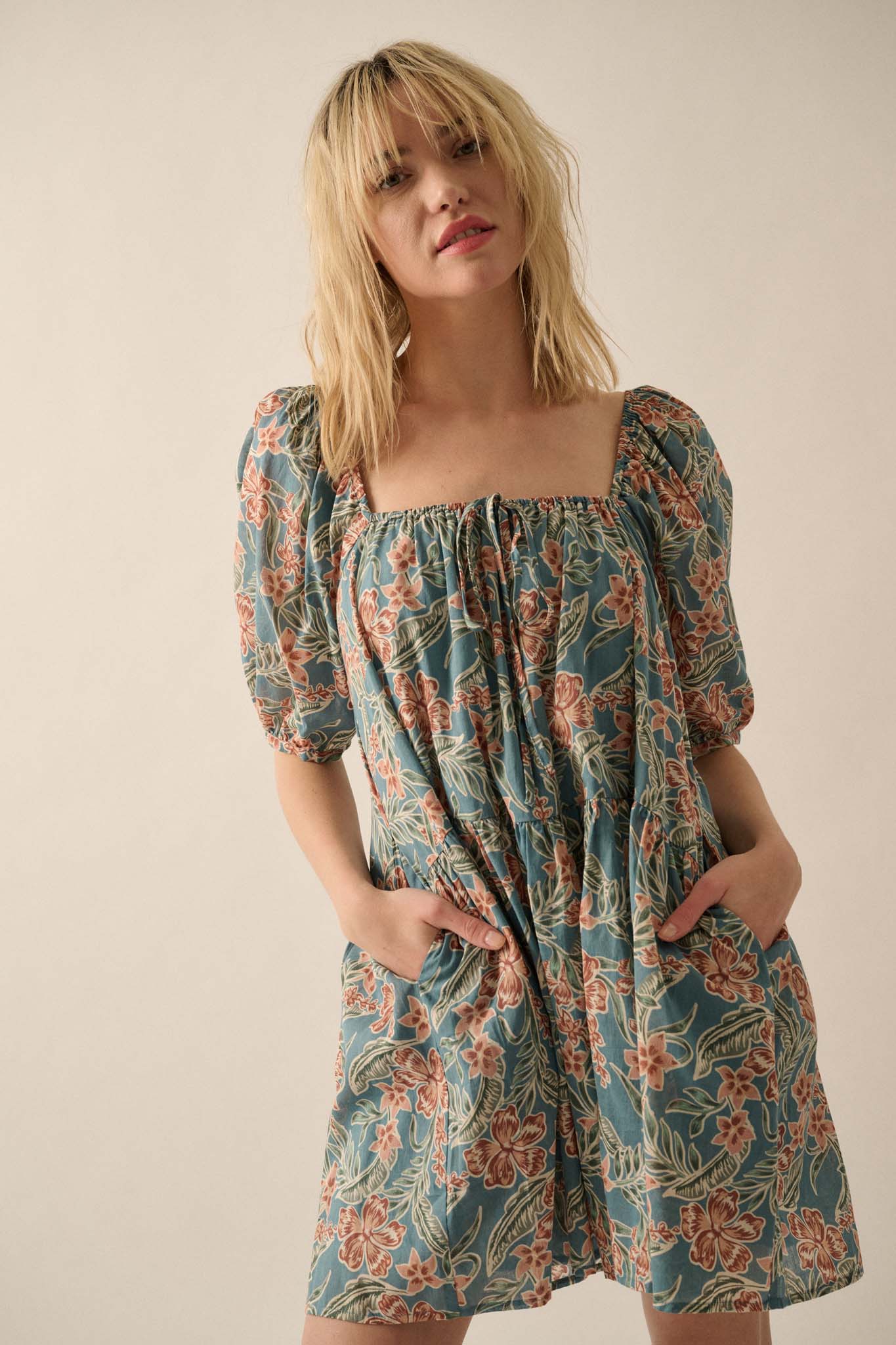 Lush Leaves Floral Puff-Sleeve Babydoll Mini Dress - ShopPromesa