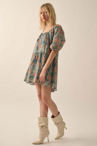 Lush Leaves Floral Puff-Sleeve Babydoll Mini Dress - ShopPromesa