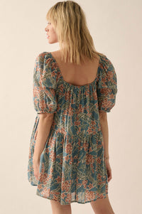 Lush Leaves Floral Puff-Sleeve Babydoll Mini Dress - ShopPromesa