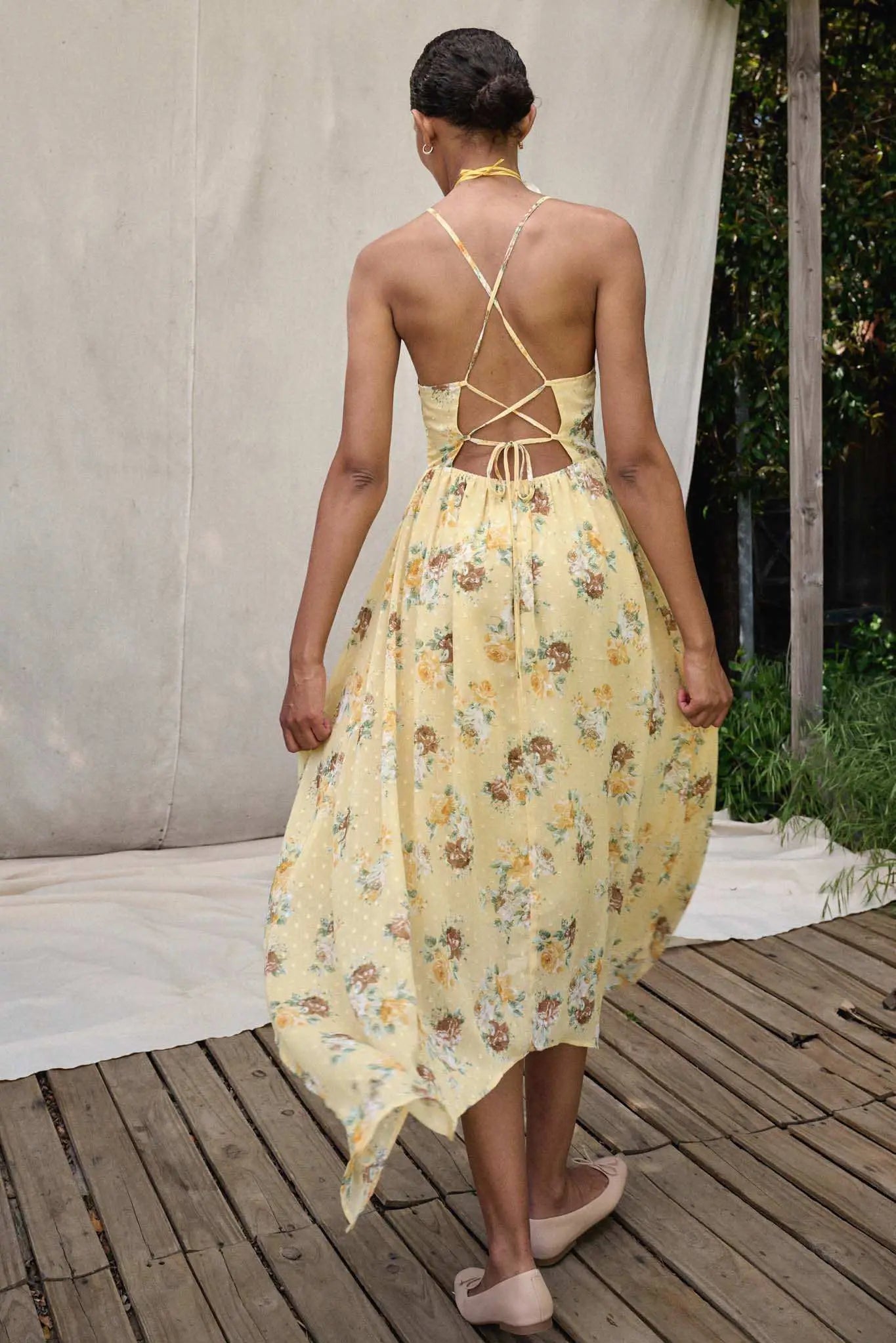 Fresh Roses Floral Swiss Dot Chiffon Maxi Dress, Sunshine / M Fresh Roses Floral Swiss Dot Chiffon Maxi Dress, Sunshine / M