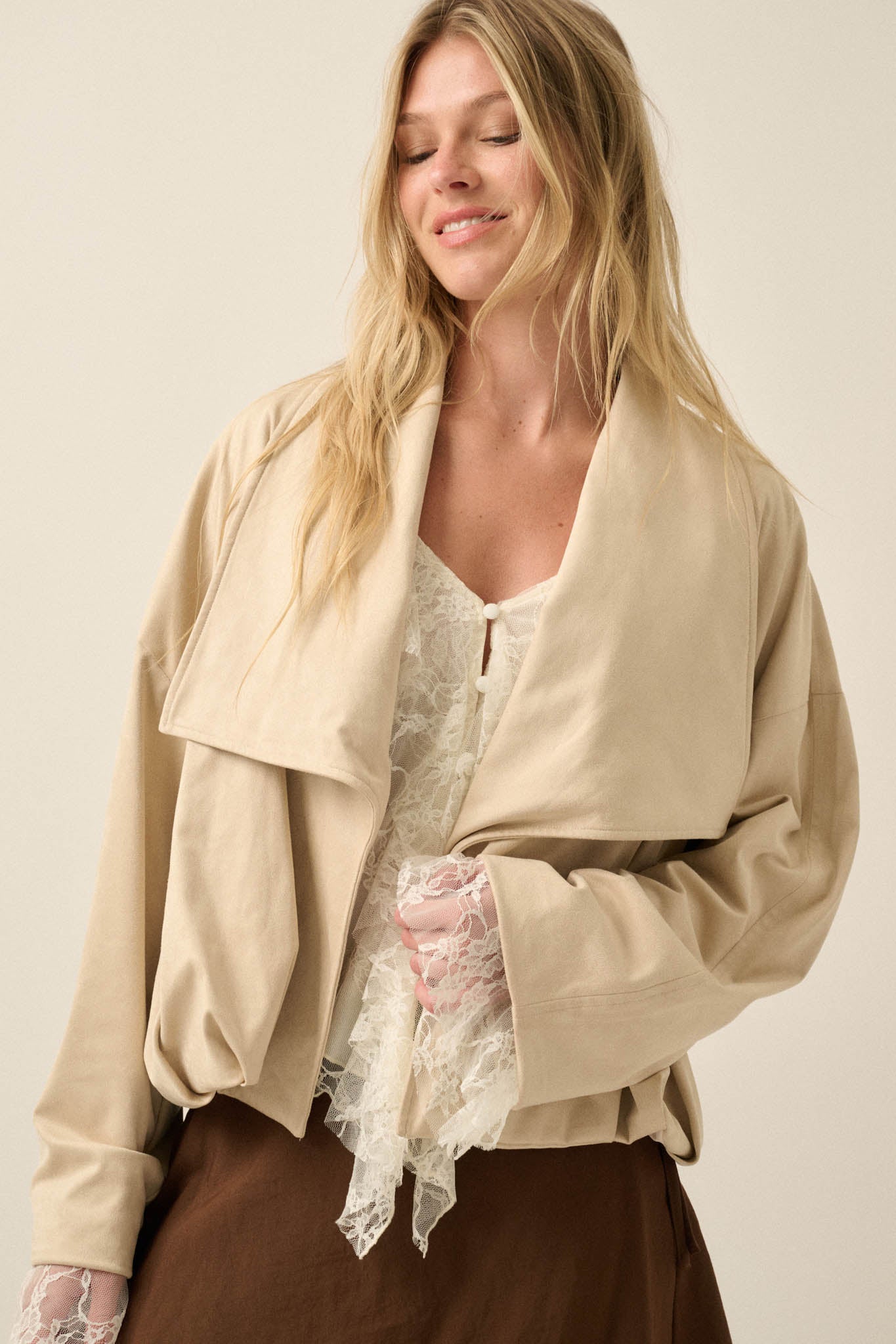 Keep it Smooth Vegan Suede Waterfall Lapel Jacket - ShopPromesa