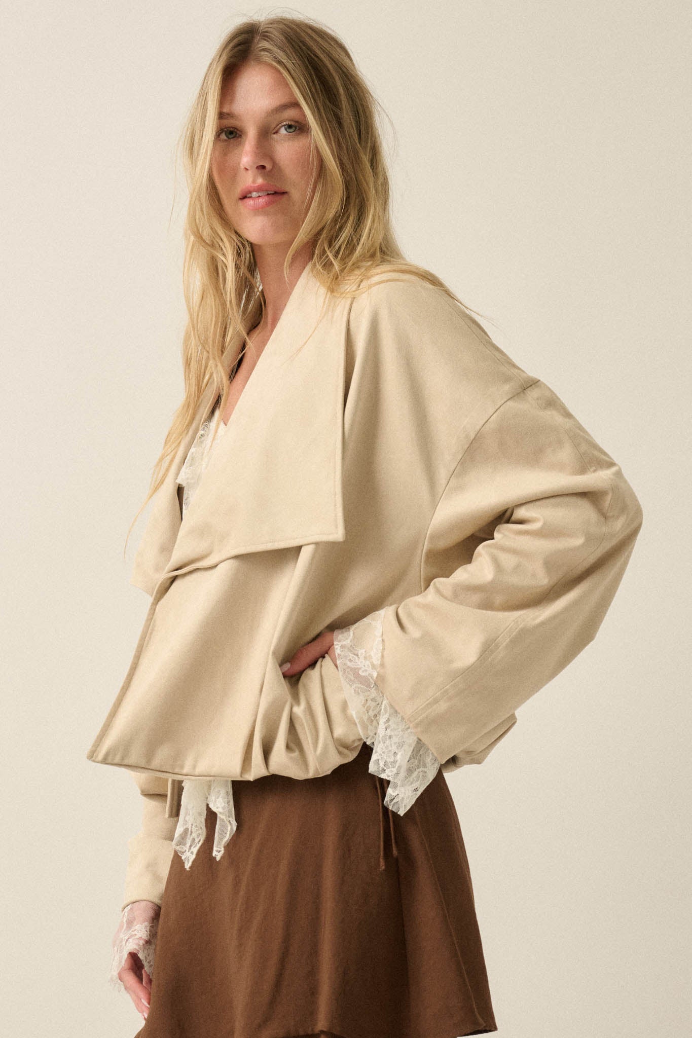 Keep it Smooth Vegan Suede Waterfall Lapel Jacket - ShopPromesa