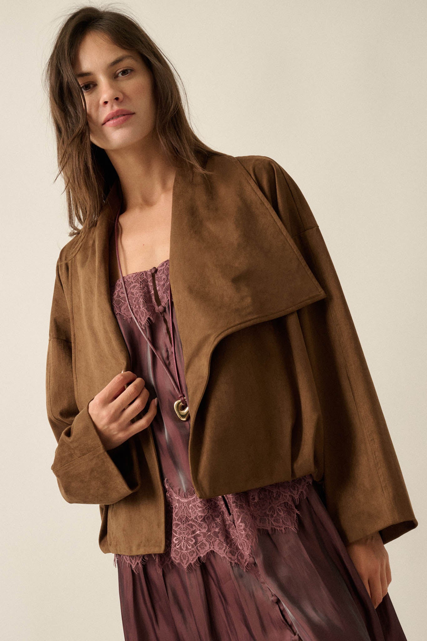 Keep it Smooth Vegan Suede Waterfall Lapel Jacket - ShopPromesa
