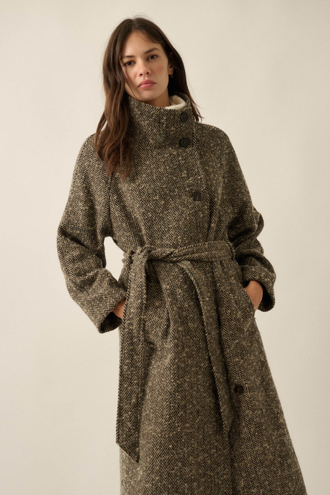 High Road Herringbone Tweed Belted Overcoat - ShopPromesa