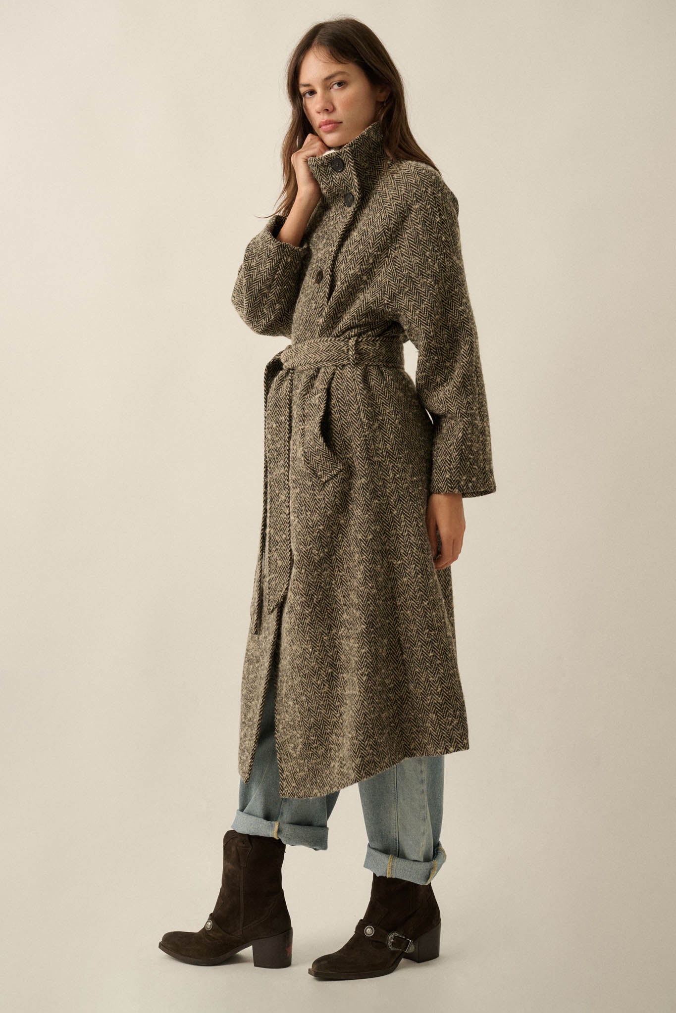 High Road Herringbone Tweed Belted Overcoat - ShopPromesa