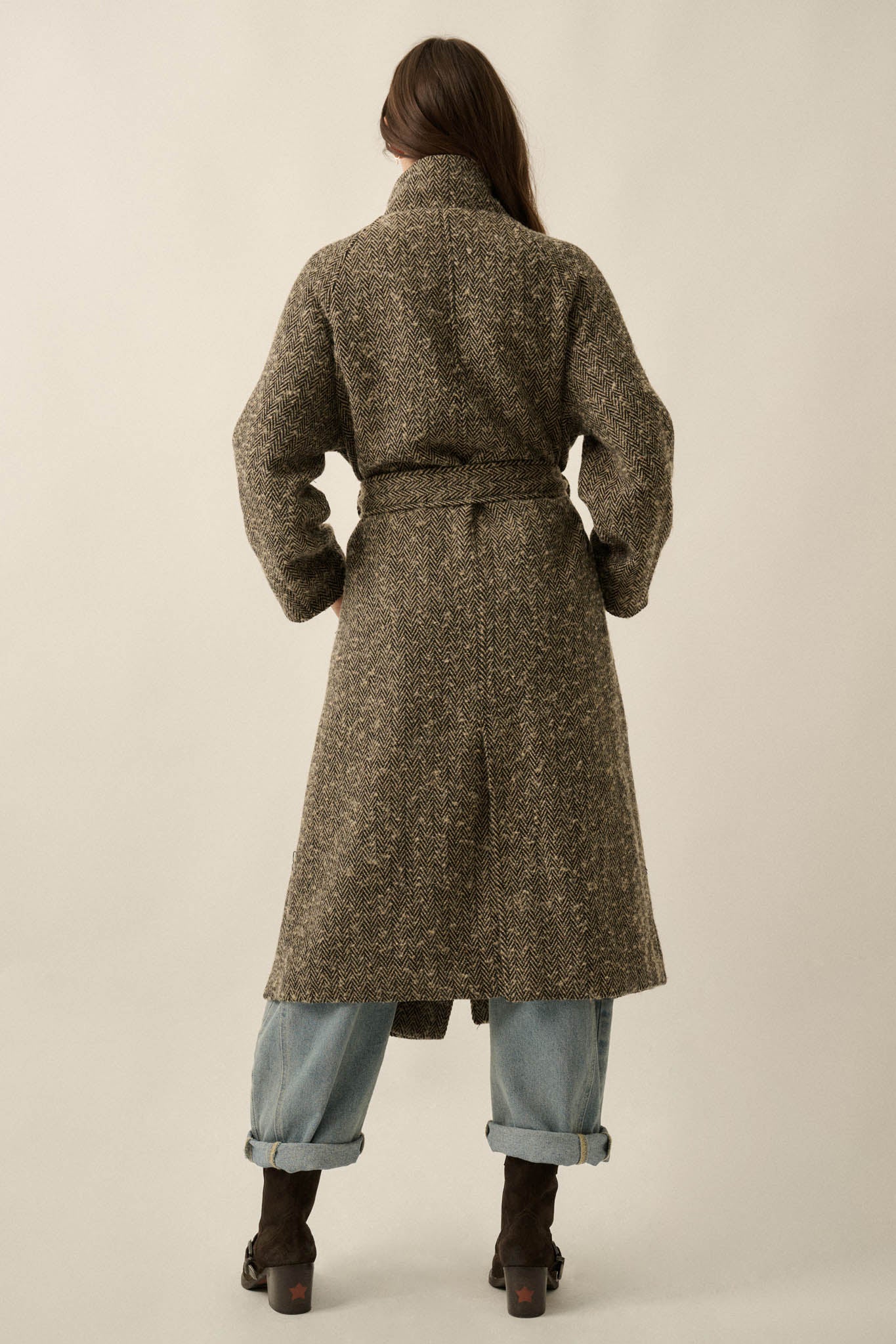 High Road Herringbone Tweed Belted Overcoat - ShopPromesa