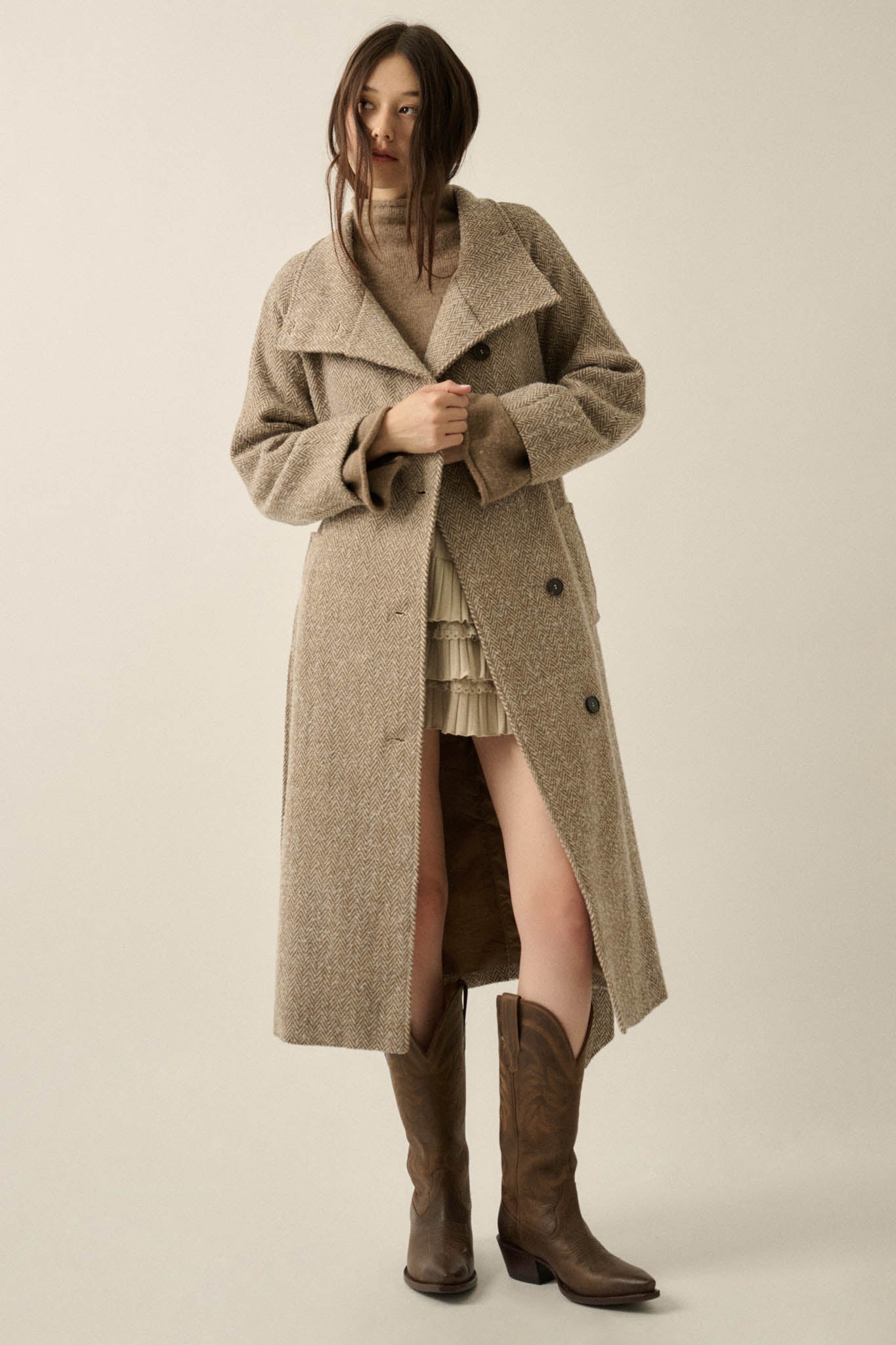 High Road Herringbone Tweed Belted Overcoat - ShopPromesa